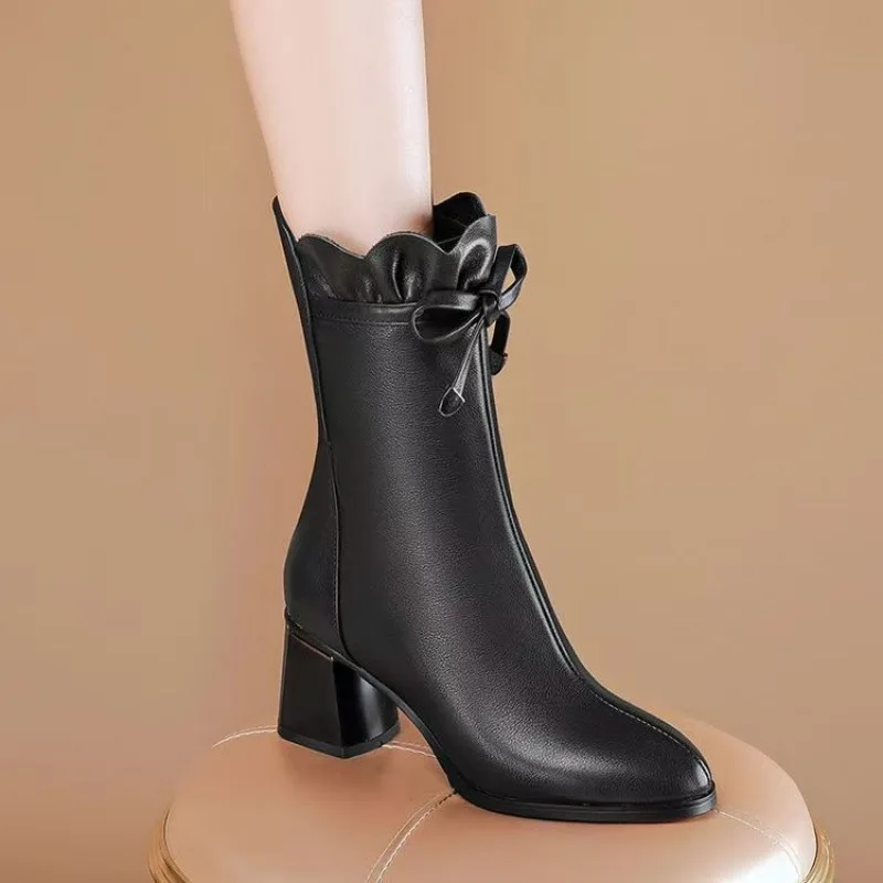 New Elegant Shoes Women Super High Thin Heel Pointed Toe Butterfly-knot Spring and AutumnOutside Warm Office Ankle Boots Classic