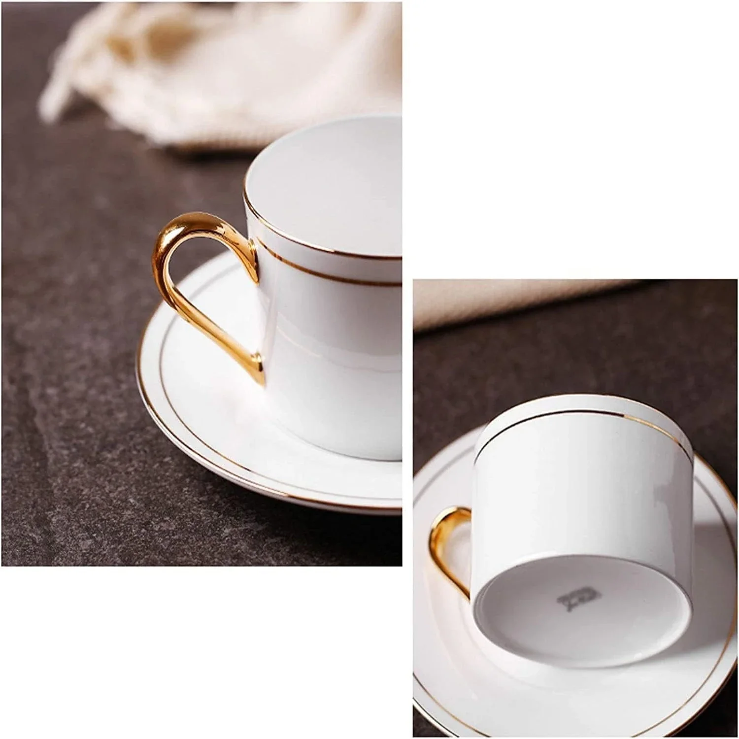 Conjunto de xícaras de chá e café de cerâmica branca requintada e bonita – Caneca de café elegante de 8,5 onças e xícara de chá com linha dourada ornamentada de