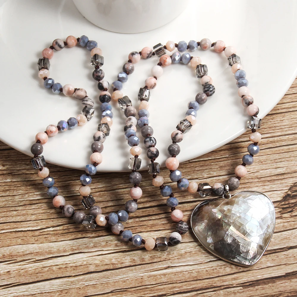 Summer new fashion Bohemian style 6mm natural stone glass knotted necklace Crack heart shell pendant necklace Sweater chain