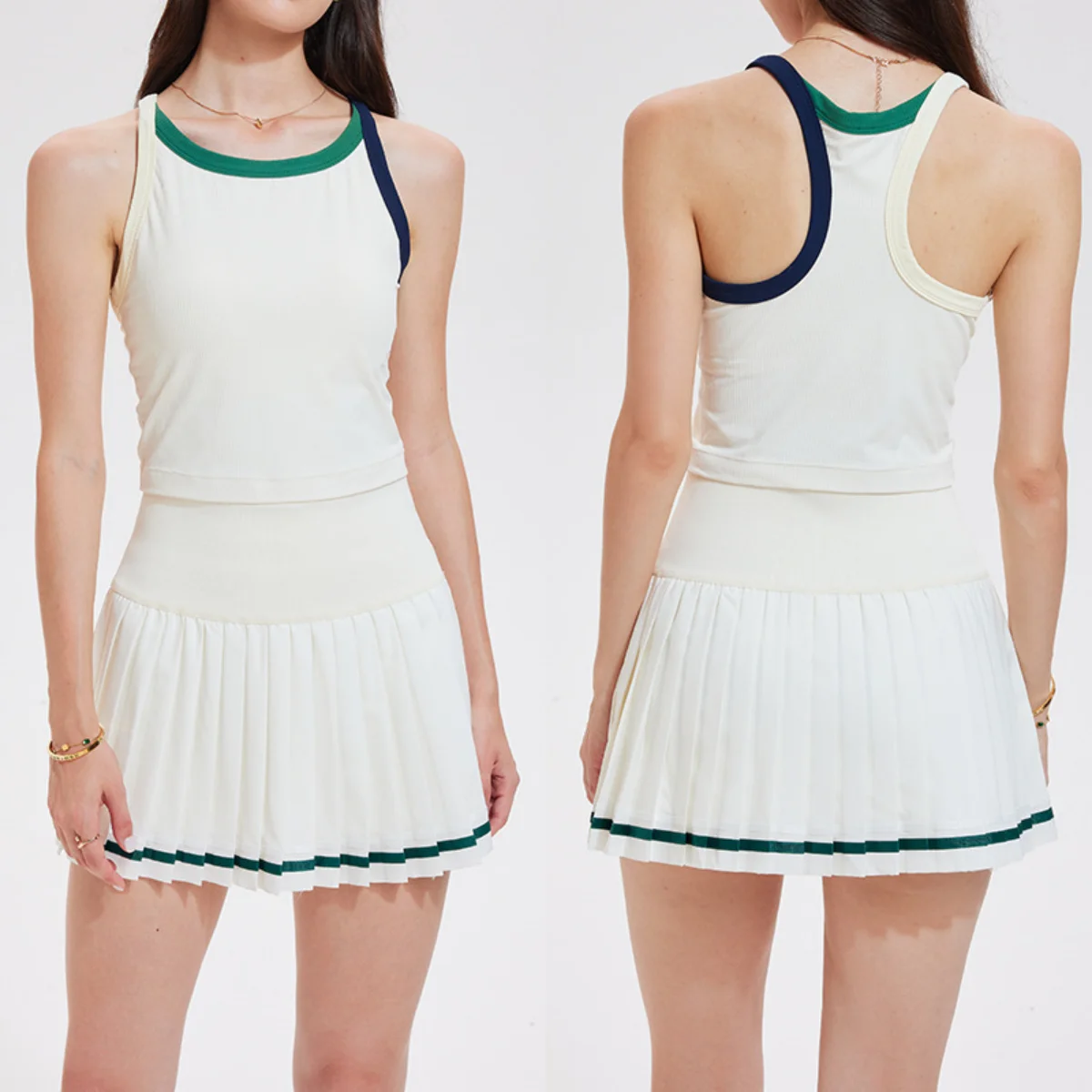 Summer tennis suit shock-proof sports vest contrasting color fitness bra pleated tennis skirt golf running yoga sets tank casual