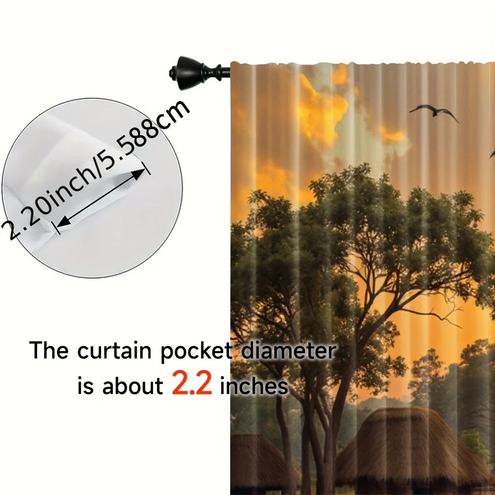 African Village Sunset River Curtain Panels, Thatched Hut Tree Local People Bird Golden Glow Digital Print Drapes for Bedroom