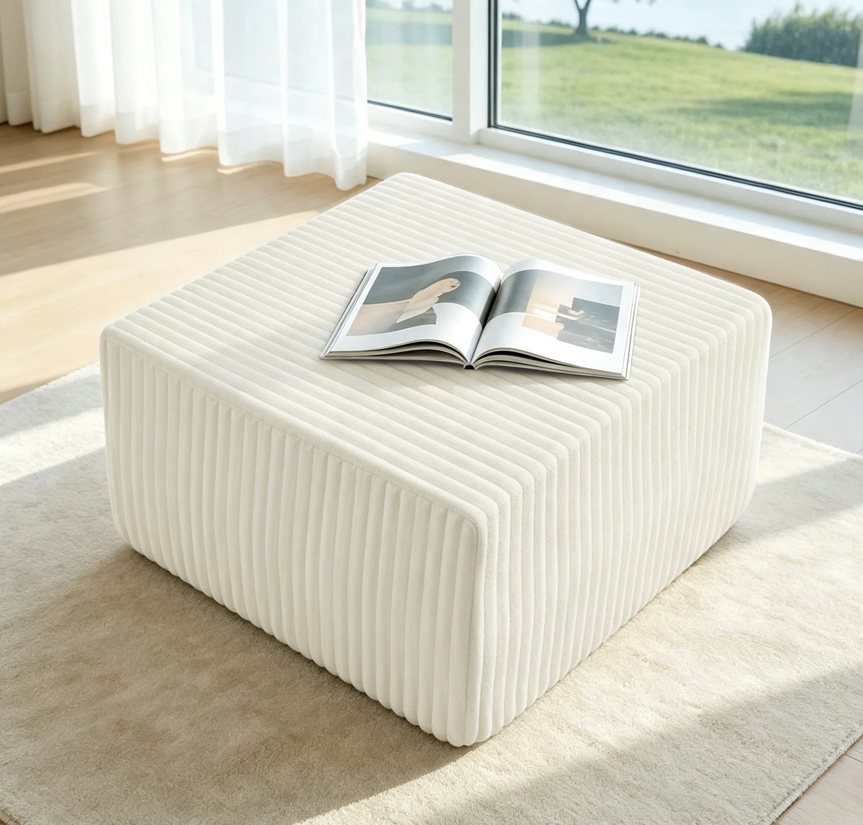 Modular Ottoman Cube Striped Corduroy Foot Stool Versatile Upholstered Seating For Living Room Beige image 6