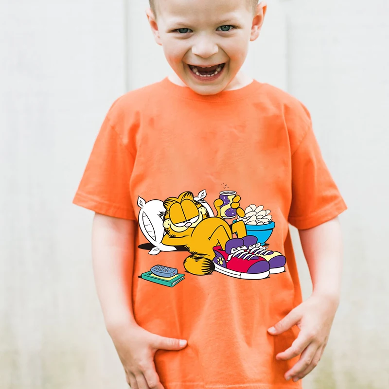 

Garfield Printed Kids T-shirt Summer Children's Cotton Short Sleeve Suitable for Boys and Girls Orange Casual Tops