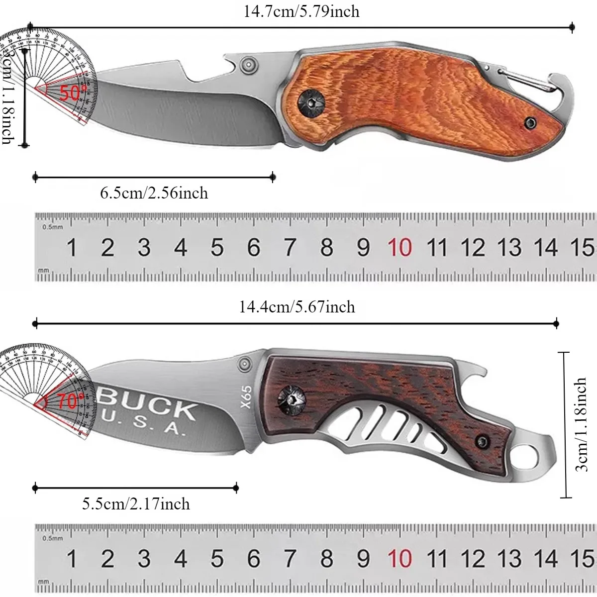 Juego de cuchillos de fruta plegables portátiles de 2 piezas, pequeños, ligeros con mango de madera. Cuchillas de acero inoxidable plateadas. Uso en la cocina al aire libre