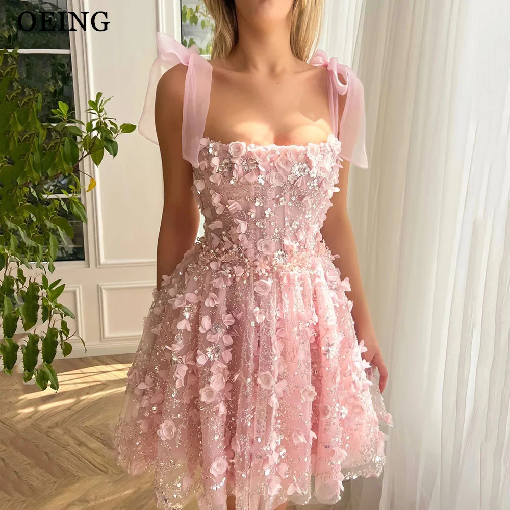 OEING Pink Mini Prom Dresses Fairy 3D Appliques Homecoming Dress Lace Up Short Night Club Party Celebrity Gowns Vestidos De Gala