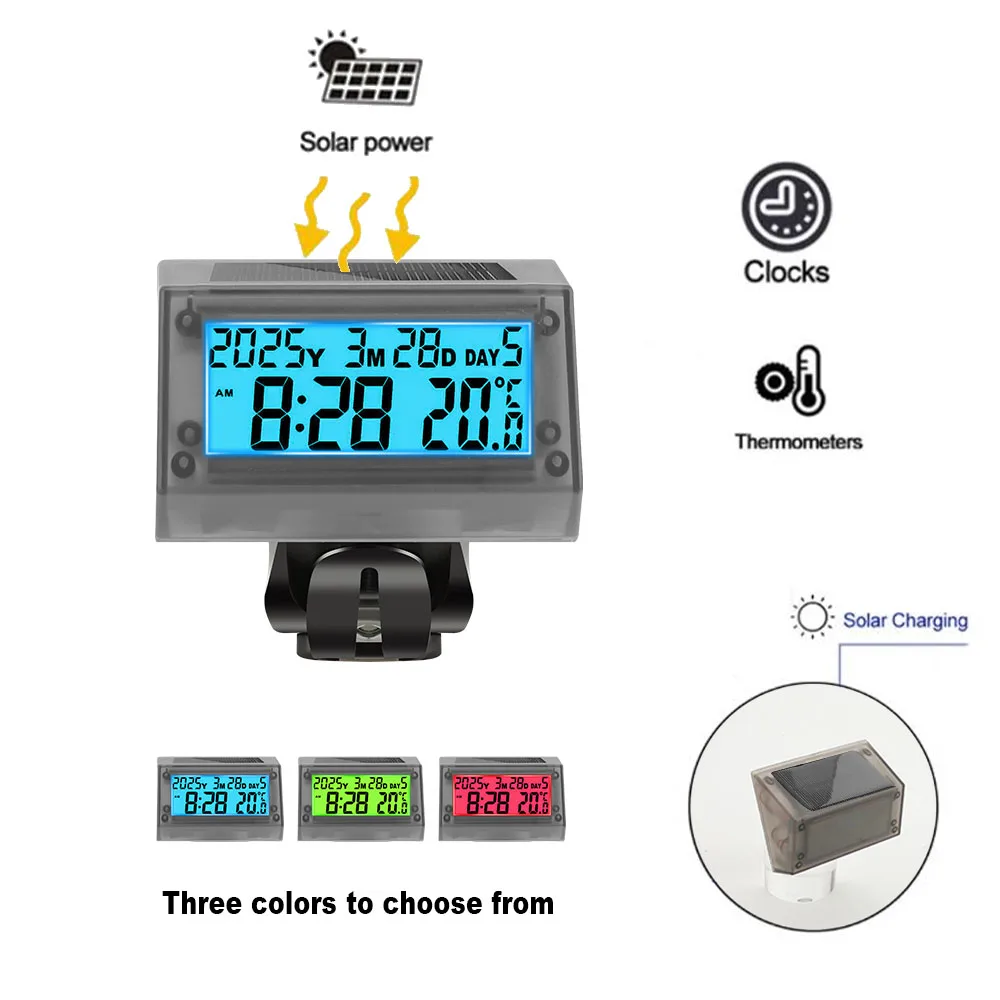 

Solar Waterproof Motorcycle Bike Handlebar Electronic Clock Temperature Time Calendar 2Colors Backlight Display Moto Accessories
