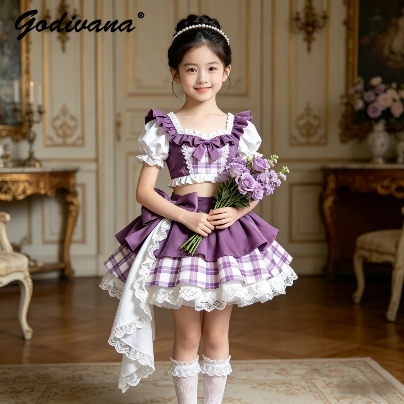 Sweet Baby Girls Purple Plaid Lolita Princess Skirt Two Piece Set Kids Square Neck Puff Sleeve Bow Pleated Birthday Party Gown