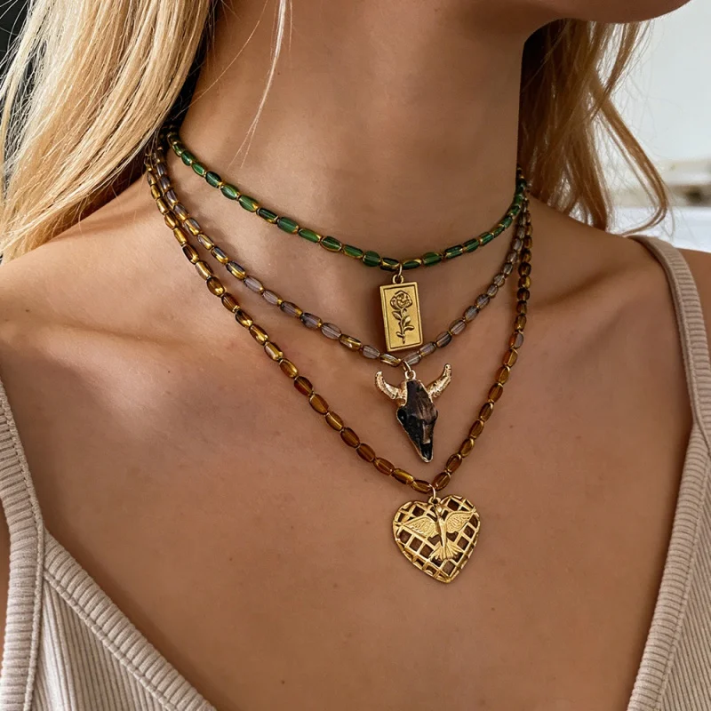 Titanium Steel Heart-Shaped Peace Dove Flower Alloy Cow Head Crystal Necklace