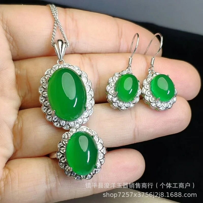 High-quality ice agate pendant three-piece with silver-plated inlay, green jade ring, earrings, necklace set