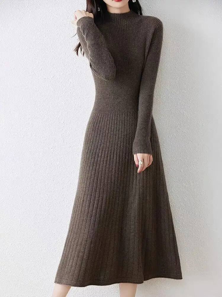 Vestido largo de punto con cuello redondo para mujer, jerséis de estilo largo, invierno y otoño, novedad de 2024