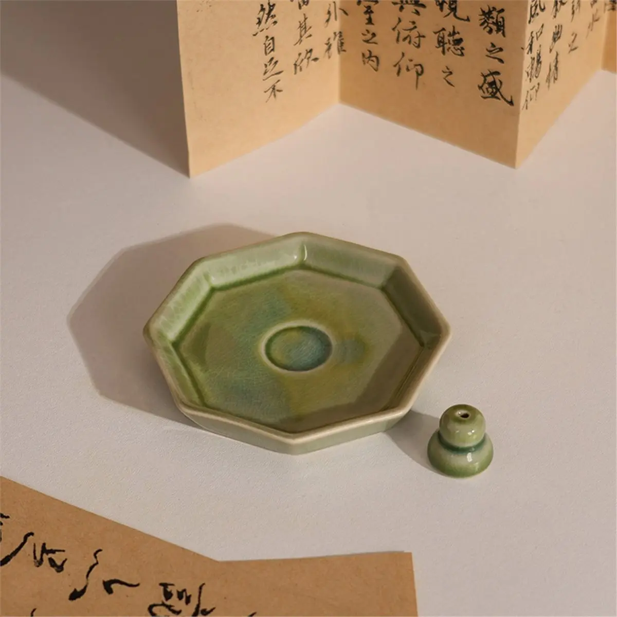 Ceramic Holder with Ice-Crack Glaze, Octagon Design for Sticks, Cones & Coils