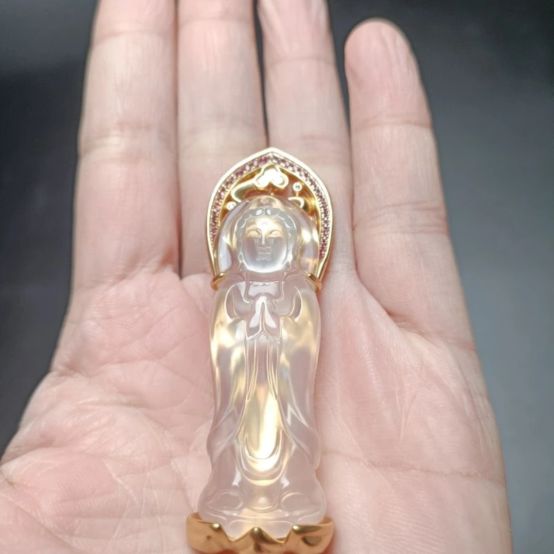 Natural High Ice Agate Jade Pendant Men's and Women's Guanyin 18K Gold Inlaid Jade Pendant Chalcedony Jewelry Jade Pendant Gift