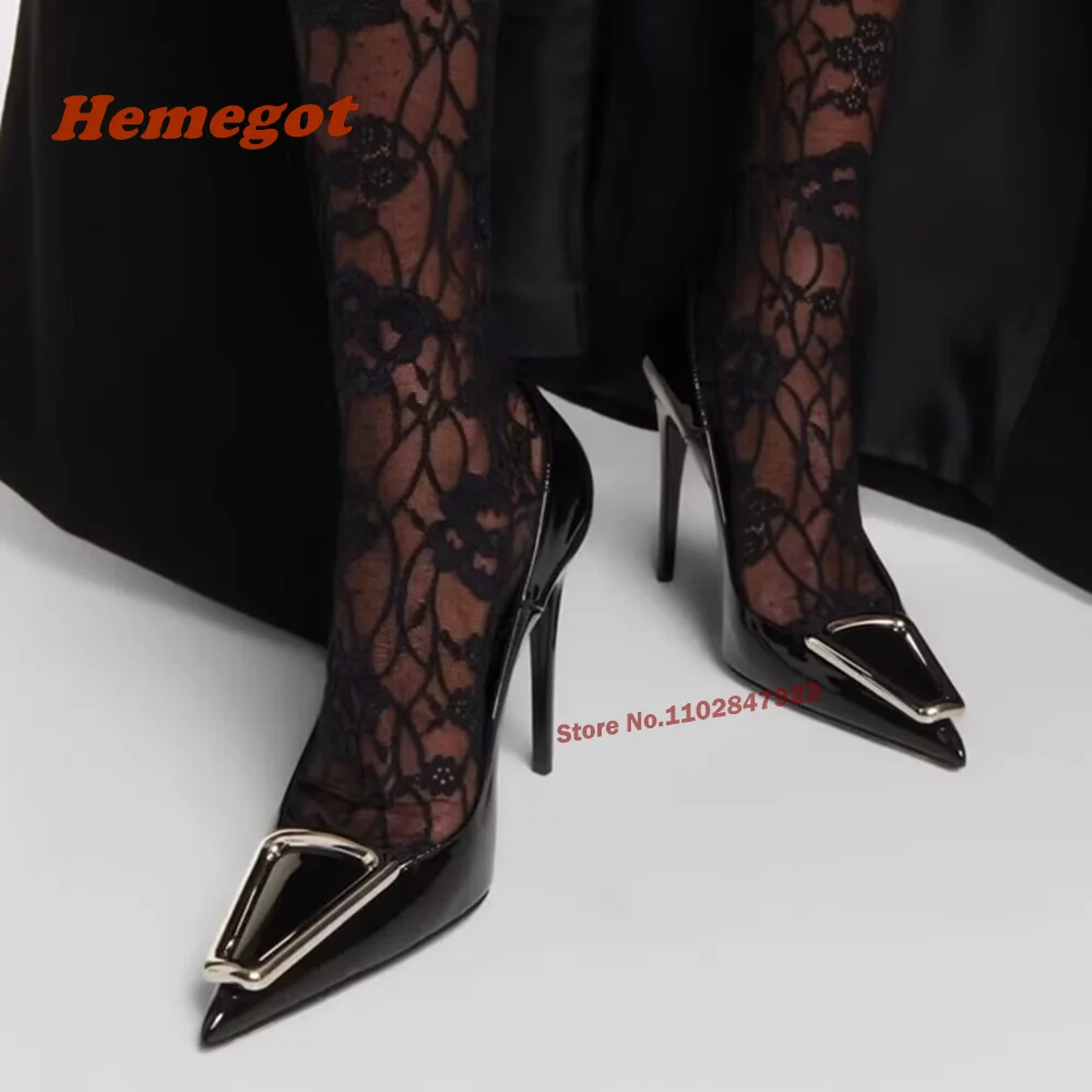 Pointed Patent Metal Decor Pumps Slingback Stiletto Heels Black Solid Elegant Party Shoes Summer Newest Luxury Shoes Pumps Sexy