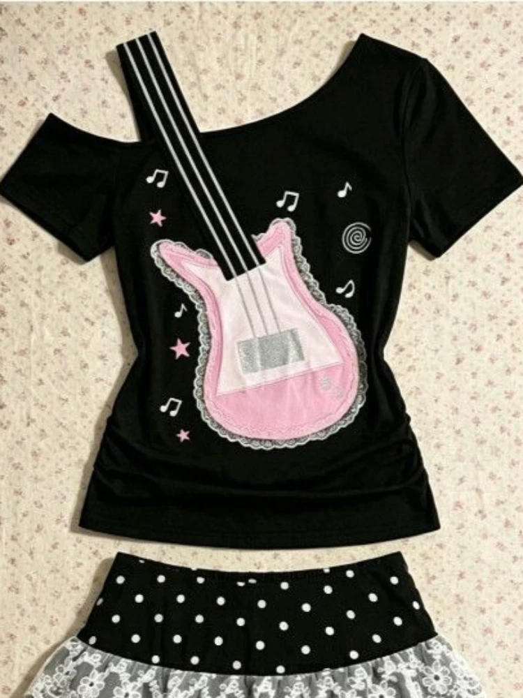 Retro Subculture Spice Girl Black Guitar Notes Off Shoulder Printed Short-sleeved Shirt Summer Y2k Rock Oblique Collar T-Shirts