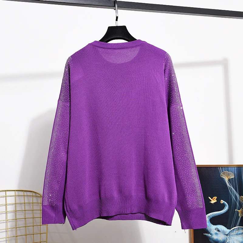 Hot Drilling Purple Knitting Two-piece Sets New Spring Autumn Luxury Diamonds Pullovers Sweater Top + Casual Sports Pants Suits