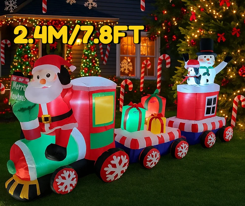 ของตกแต่งคริสต์มาสเป่าลมรูปรถไฟซานตาคลอส ขนาด 2.4 เมตร/7.8 ฟุต พร้อมไฟ LED สำหรับตกแต่งบ้านและสวน เหมาะสำหรับงานปาร์ตี้คริสต์มาสกลางแจ้ง