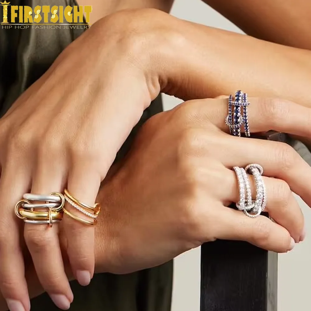 New Iced Out Four in one Multi Ring Luxury Link Chain Connect Band Finger Zircon Rings For Women Fashion Jewelry