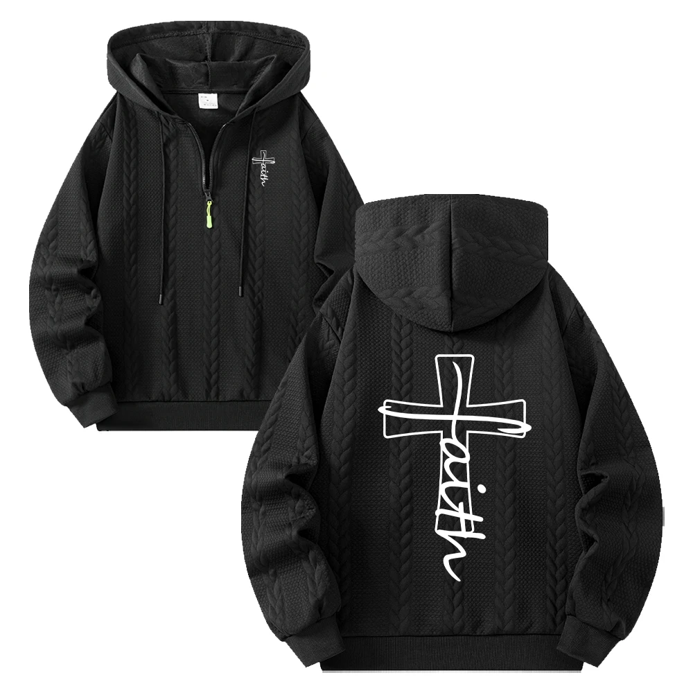 Men's Trendy Cross Signature Print Half Zip Hoodies Casual Cable Knit Embossed Pullover Sweatshirt Autumn Fitness Commute Top