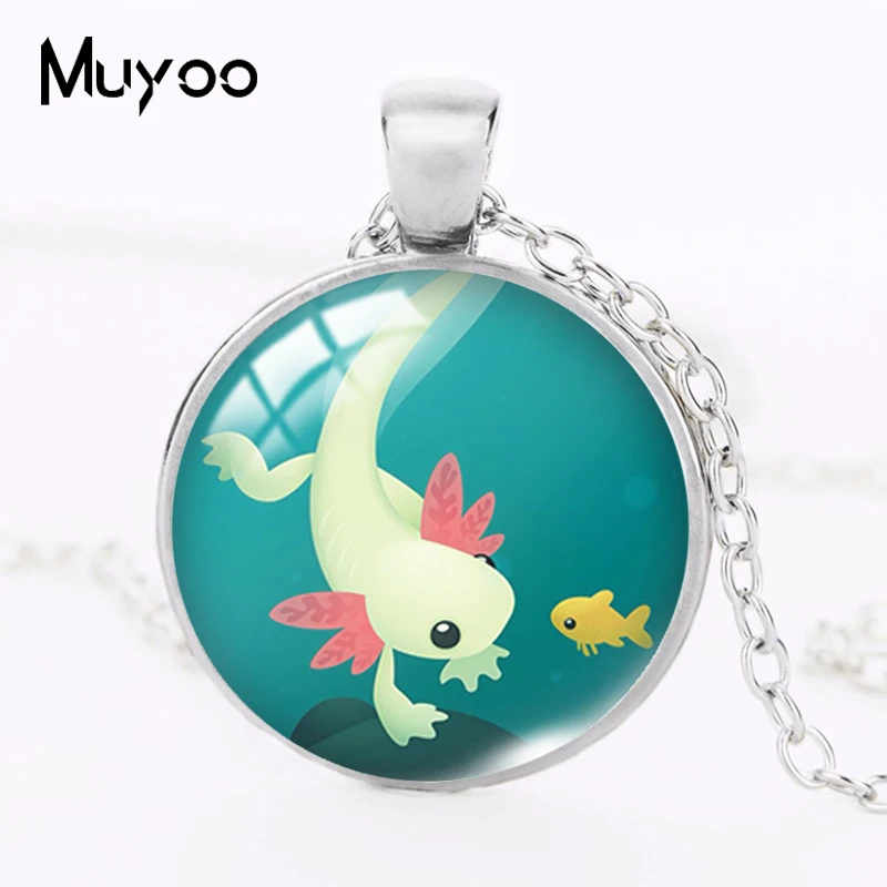 2022 New Cute Axolotl Pendant Necklace Animal Round Photo Necklaces Glass Dome Jewelry Gifts