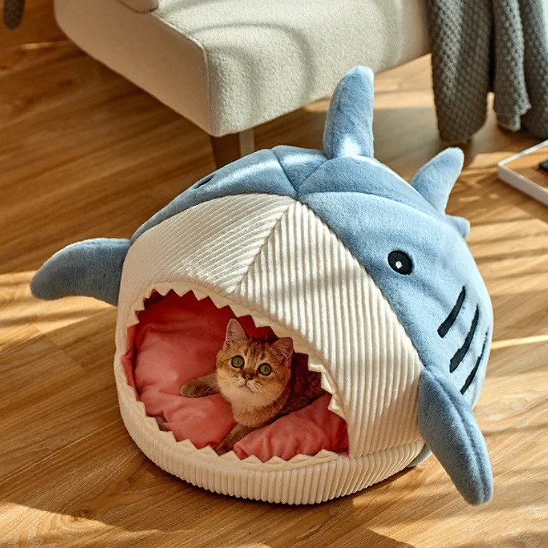 Warm Cat Cave Bed Shark-Shaped Pet Tent for Kittens Basket Cushion with Pillow Mat Puppy Nest for Indoor Cats Cozy Kitten