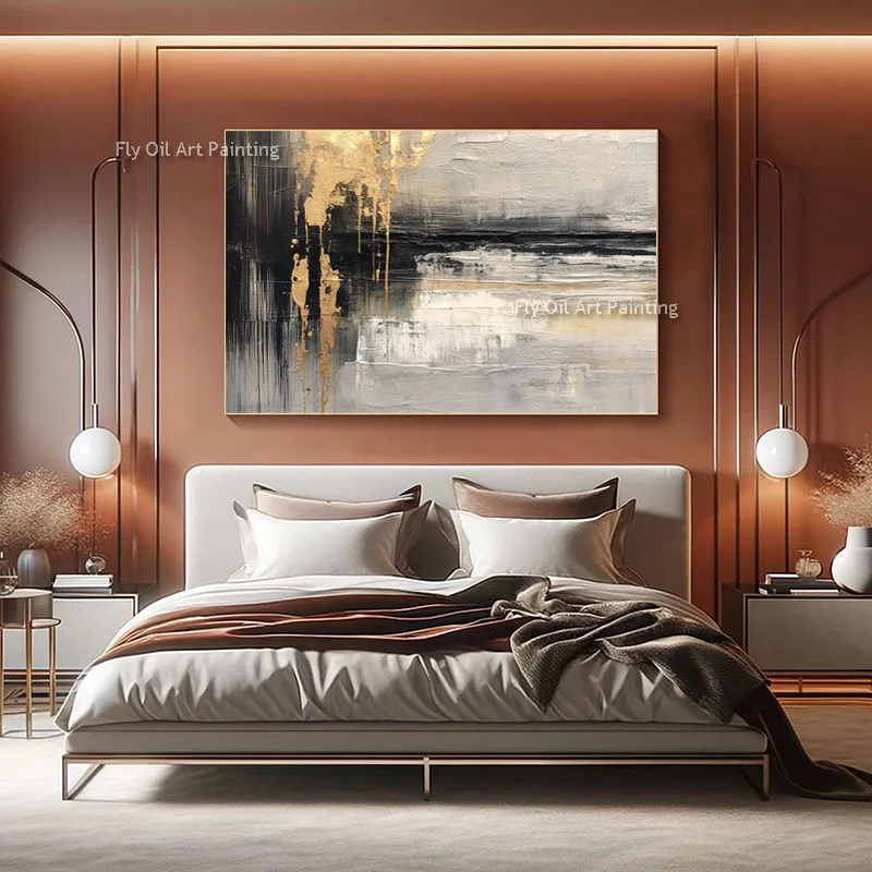 Hand Painted Gold Foil Seascape Abstract Oil Painting Heavy Impasto Texture Black Grey Canvas Art Luxury Bedroom Wall Decor