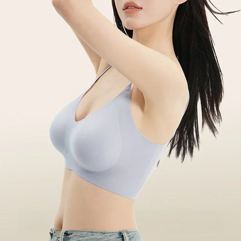 حمالة صدر رفيعة للغاية من الحرير الجليدي مع سترة رسن خلفية من النايلون بدون خياطة لصدر المرأة الصغيرة