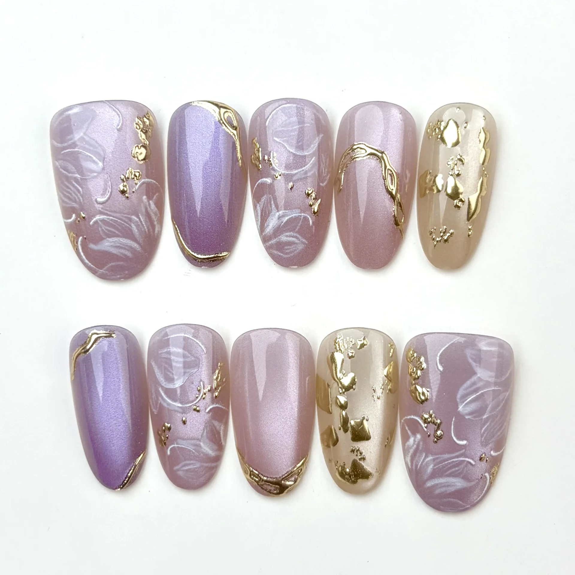 10pcs Fantasy Purple Handmade Nails Tips Flower Short Oval False Nail Art with Gilded Design Press on Nails Acrylic Fake Nail