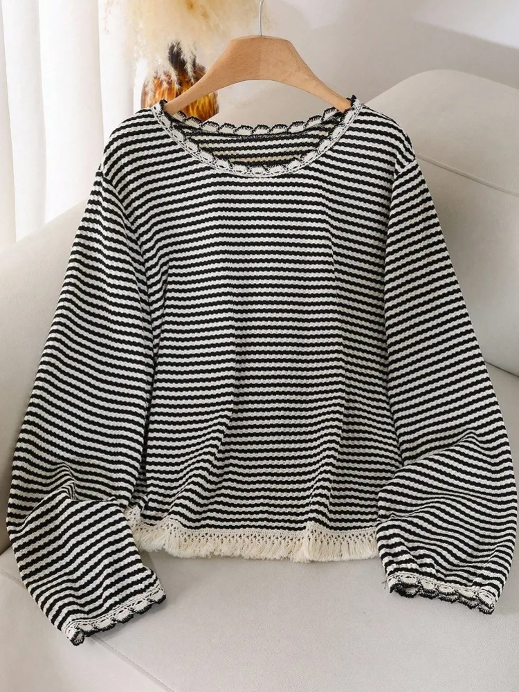 

Женский повседневный вязаный свитер больших размеров L-3XL с круглым вырезом и длинными рукавами, свободная футболка, спортивный уличный топ, женская одежда больших размеров