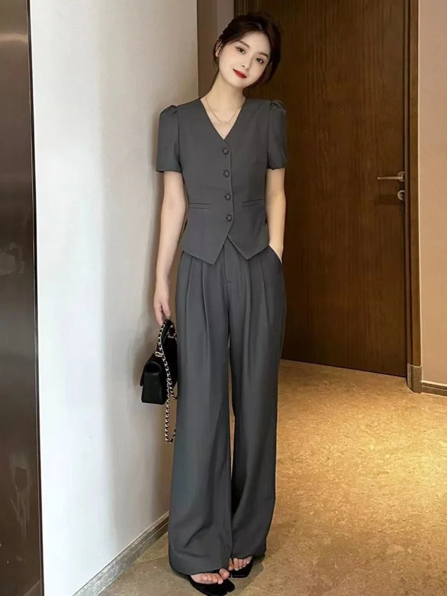 

Slimming Straight Leg Pants Set Faionable Versatile Korean Sle Women's Summer Outfit Polyester