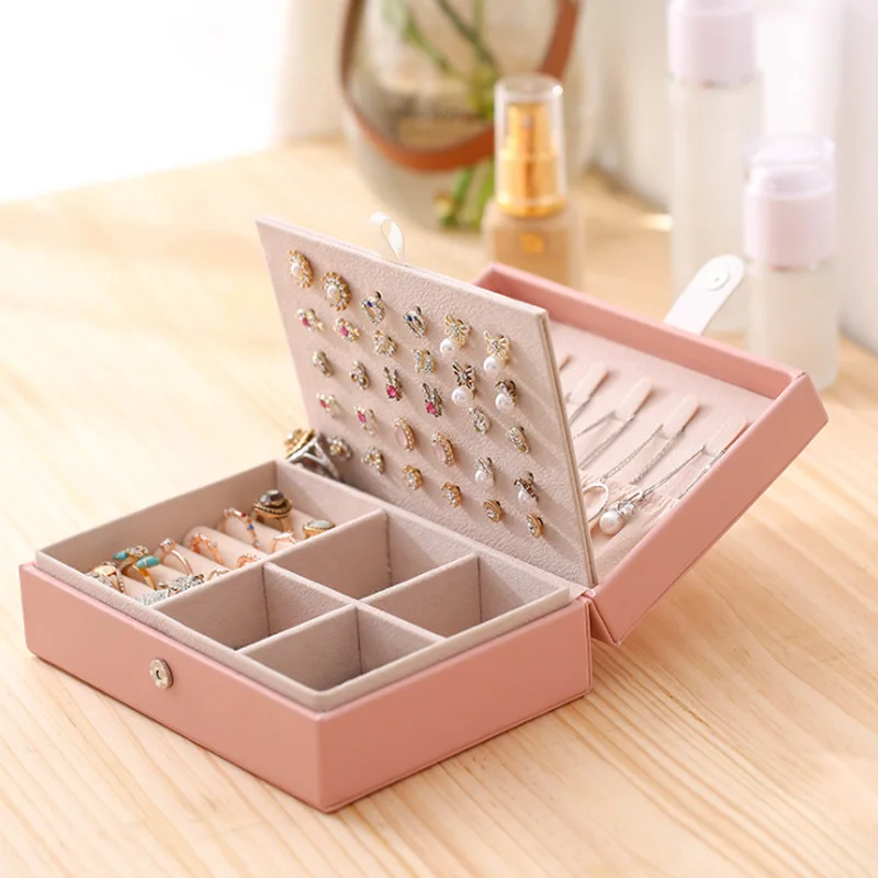 

Top Selling 2Layers PU Leather Jewellery Storage Earring Box Packaging Storage Display Case Organizer for Home Travel Girl Gift