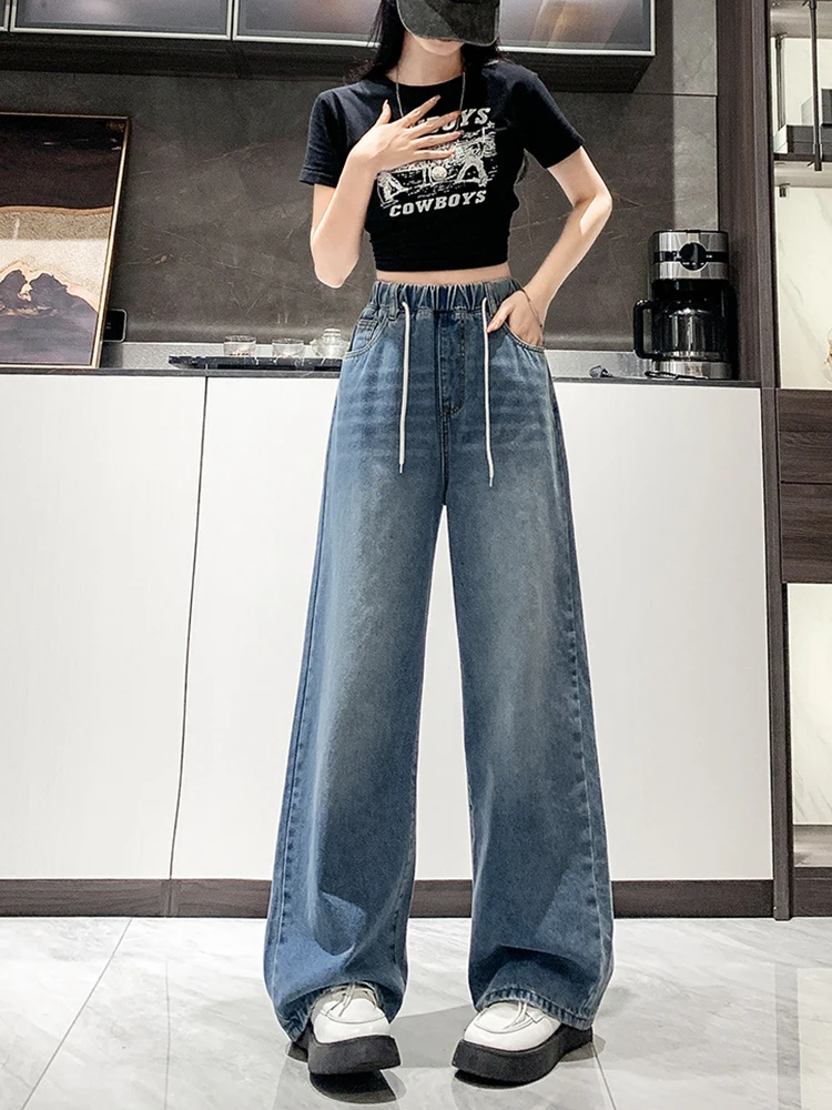 

Джинсы женские с высокой талией, прямые, больших размеров, свободные, скрывающие недостатки фигуры, с эластичным поясом, широкие штанины