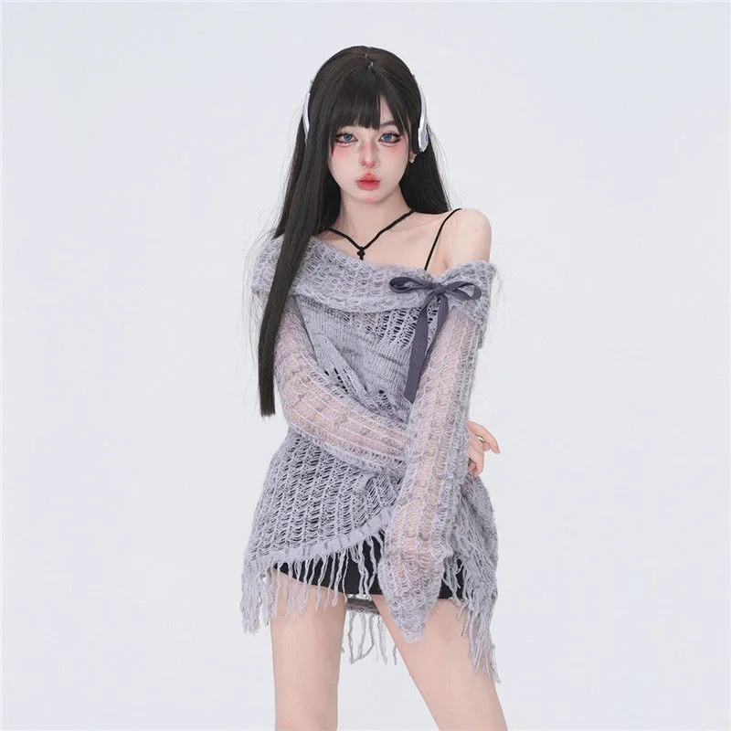 2023 Women's Fashion Irregular Knitted Sweater Grey Bow Sweater One Shoulder Top Hollow Pullover