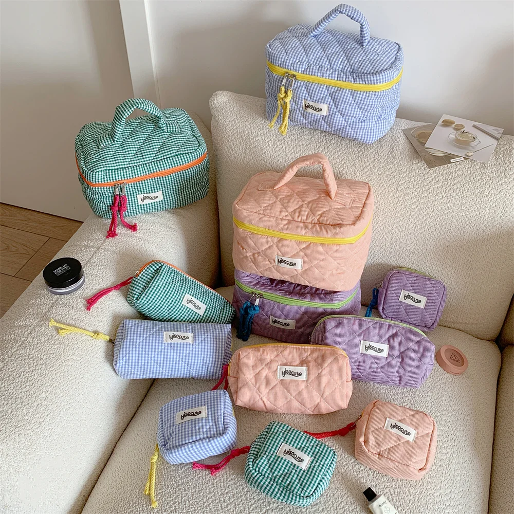 

3pcs/Set Plaid Cosmetic Bag Set Simple Style Large Capacity Portable Cosmetic Tools Storage Bag for Home Bathroom Toiletry Bag