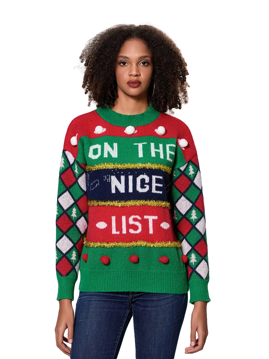 Women s Christmas Knit Sweater Long Sleeve High Neck Letter Print Casual Knitwear