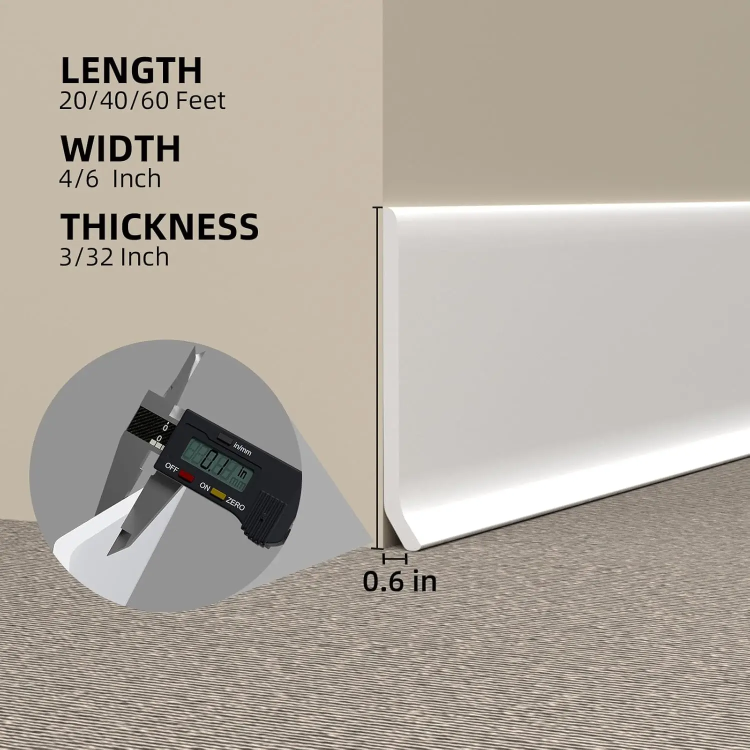 Flexível parede Baseboard Molding Trim, auto-adesivo Vinyl Floor Base, casca e borracha vara, Branco Moldagem, 60ft, 6"