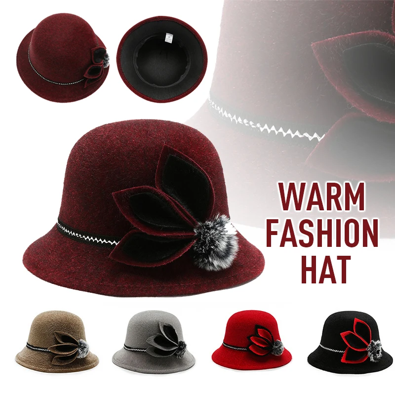 

Women's Hat Retro England Warm and Fashionable Basin Hat Woollen Formal Hat Winter Flower Decoration