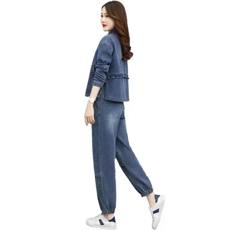 

Spring Autumn Women Cowboy Suit Fashion Female Casual Wide-leg Pants Denim Set Loose Two-Piece Suit Women Jeans Outfit JJ481