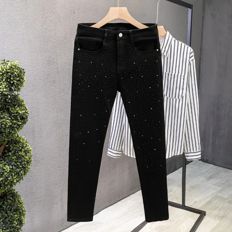 Elastic Slim Fit Men's Jeans Summer Trendy Brand Star Nine Point Small Foot Pants Casual Long Jeans Low Waist Button Closure