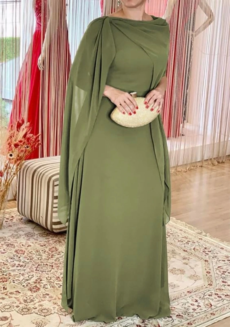 

Long Mother of the Bride Dresses with Cape Chiffon Wedding Party Dress Formal Evening Gown with Lace Up Back