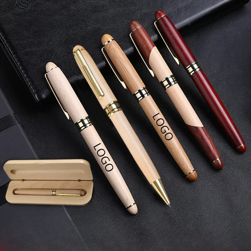 Customized Logo Bamboo Beech Wood Signature Ballpoint Pen Set Laser Engrave Maple Wooden Business Graduation Gift Box