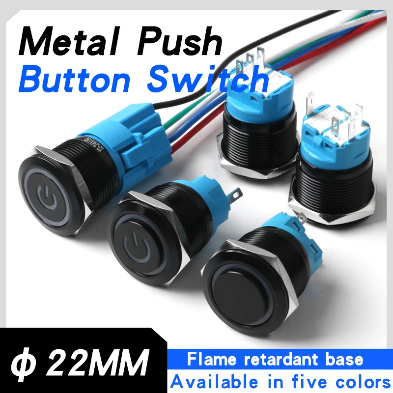 22MM Metal Button Switch 12V 24V 220V Oxidized Black Shell High Head Latching Momentary With Lights 1NO1NC Waterproof Switch