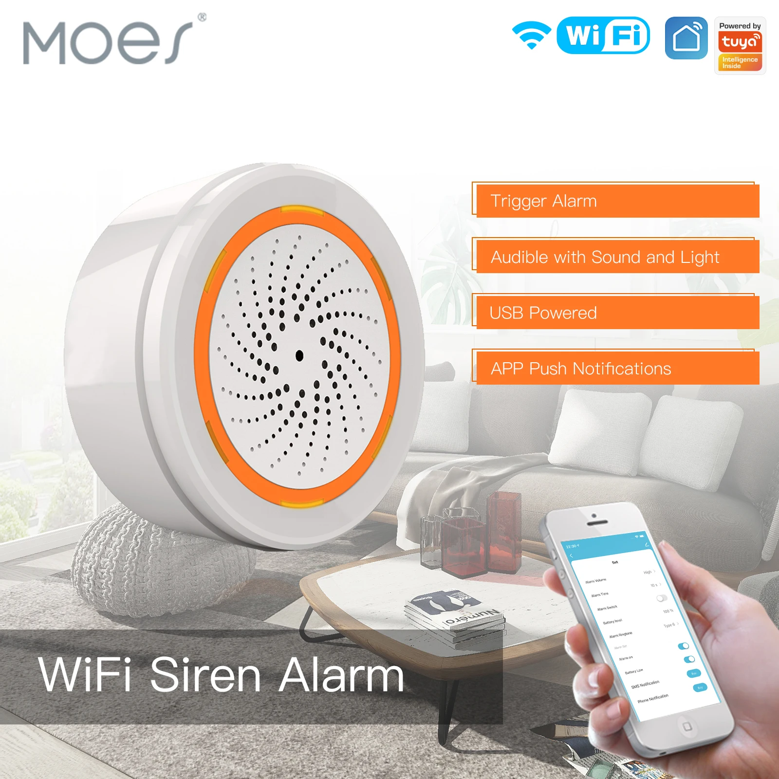 moes-wifiサイレンアラーム-tuyaスマートホームセキュリティ-usb電源-サウンドライトアラーム-アプリプッシュ通知