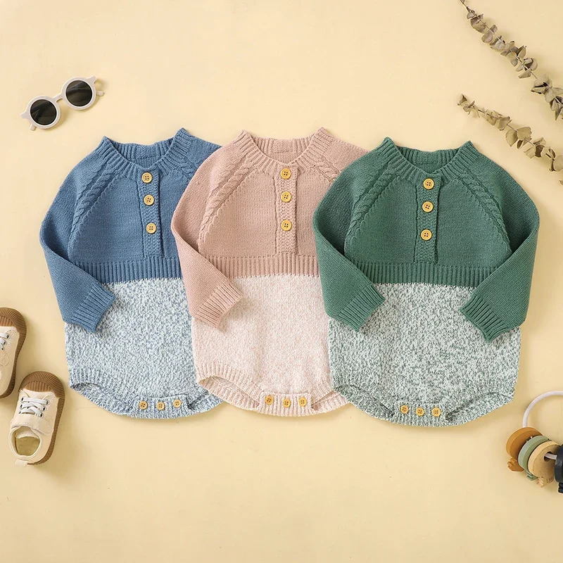 

Autumn Baby Bodysuit Knitted Infant Boy Girl Jumpsuit Long Sleeve Newborn Kid Clothes Fashion Patchwork 0-18M Overalls Tops Warm