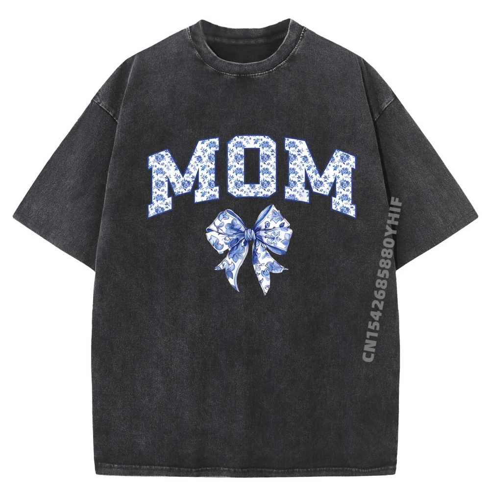 

Coquette Toile Blue Bow Floral Family Matching Clothes Men's T-Shirts Washed Slogan Graphic Shirt Luxury Clothing