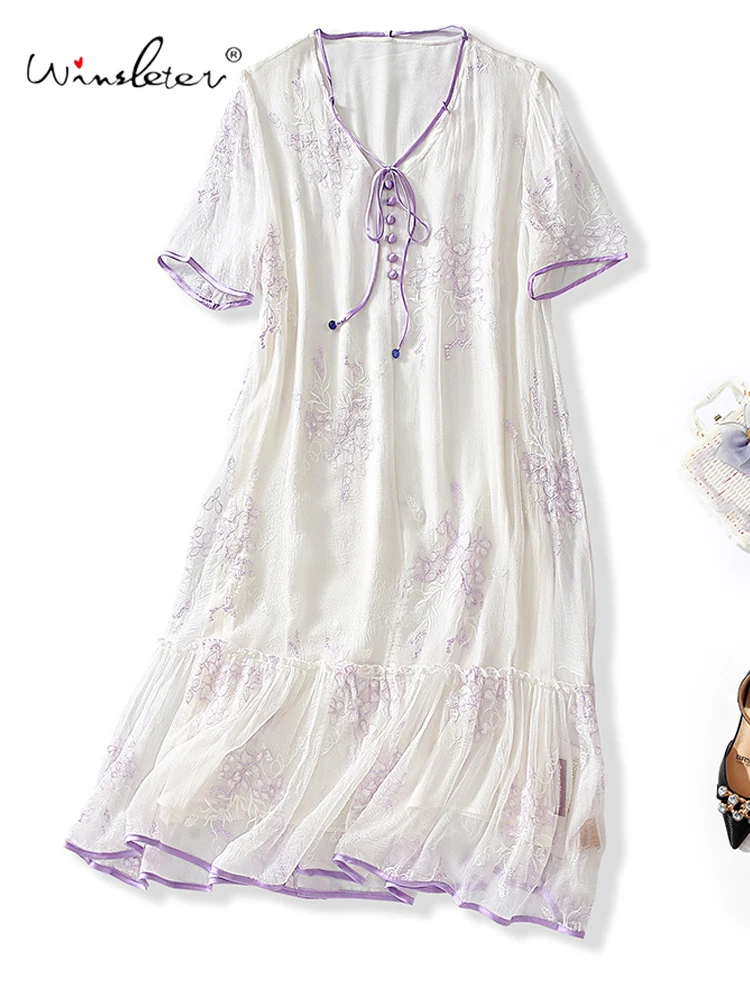 

Winsleter-Women 100%Real Silk Elegant Dress, O Neck Short Sleeve Embroidery, French Temperament Dresses, 2025 Summer D57171CC