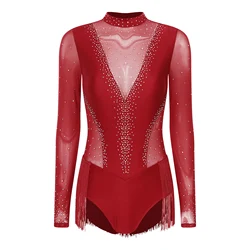 Womens Figure Skating Costume Long Sleeve Rhinestones Tassel Latin Dance Leotard Ballet Gymnastics Stage Performance Dancewear