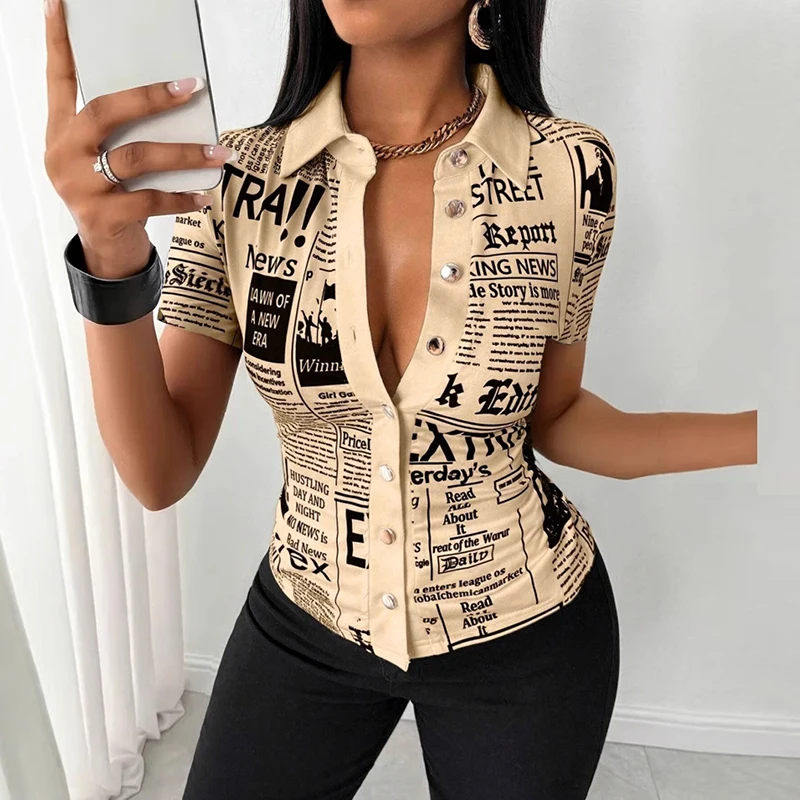 夏のファッションボタンスリムフィットシャツ女性エレガントな半袖シングルブレストレタープリントブラウス女性のためのトップス