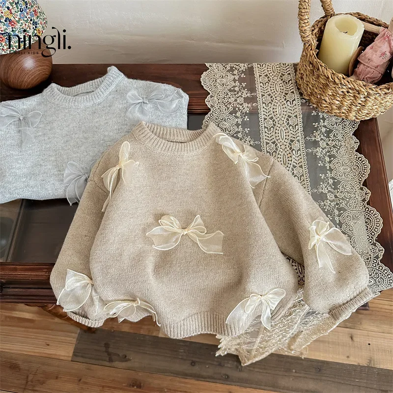 Korean Childrens Clothing 2024 Girls Sweater Autumn New Fashion Girl Korean Fashion Childrens Bow Knit Sweater