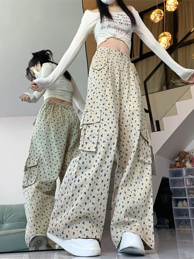 

Ретро-брюки с американским цветочным принтом для женщин, весна 2026, новые, с множеством карманов, для горного туризма, спортивные, на флисовой подкладке