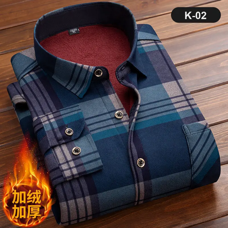 Men Fleece Shirt New Autumn Winter Male Long Sleeve Plaid Shirt Thick Fleece Lined Soft Casual Flannel Warm Dress Shirt 5XL